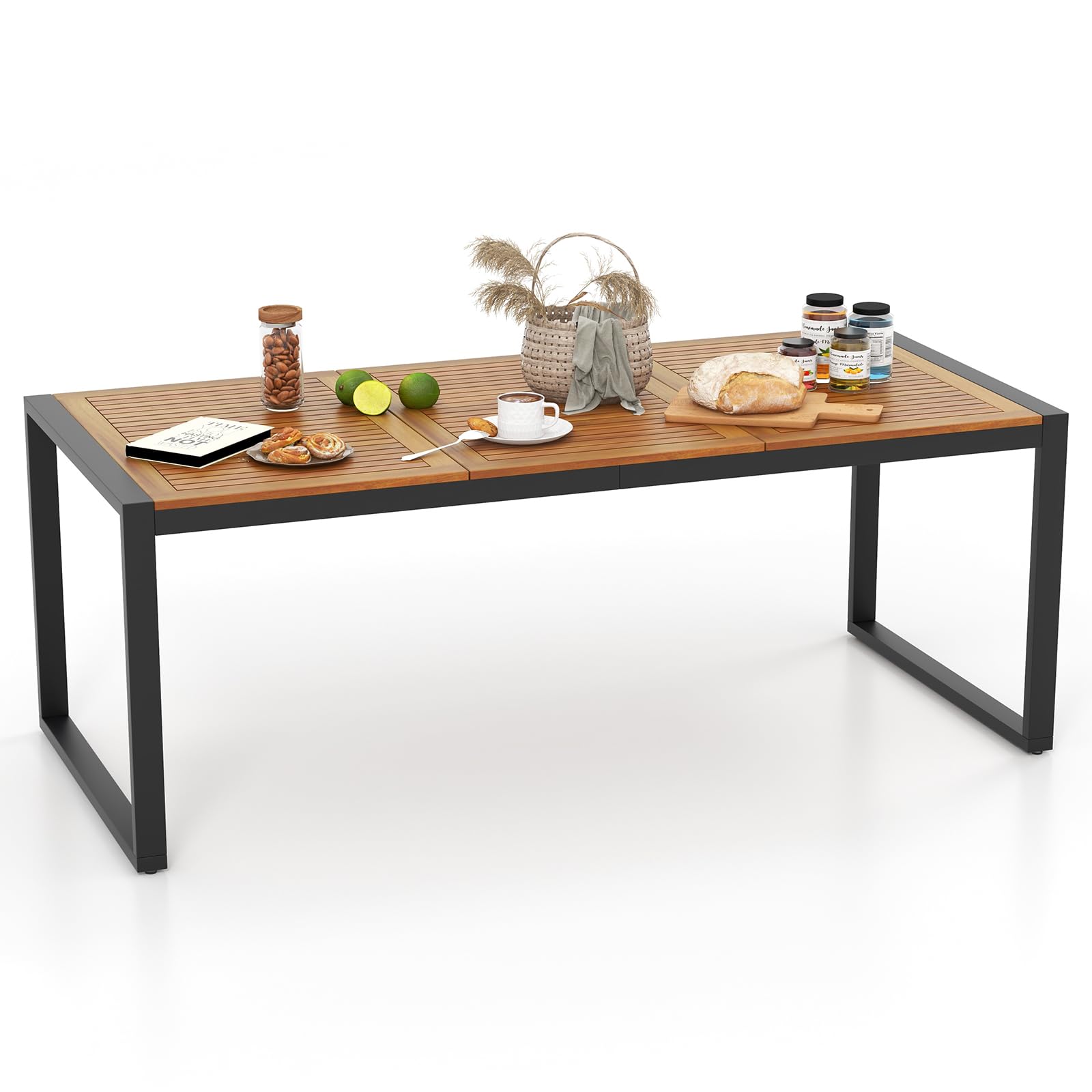 Table à manger d'extérieur Tangkula pour 8 personnes, table de patio en bois d'acacia de 199 cm avec trou pour parasol de 4,8 cm